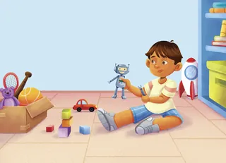 Child with prosthetic legs playing with robot toy on floor