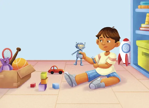 Child with prosthetic legs playing with robot toy on floor