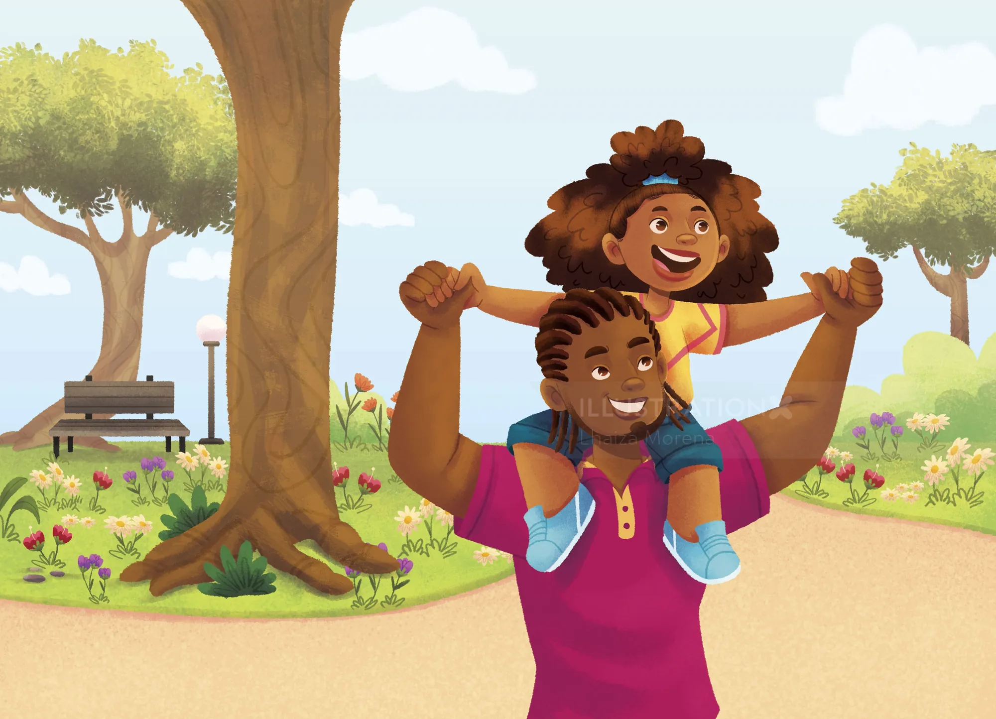 Father carrying daughter on shoulders in park with trees and flowers