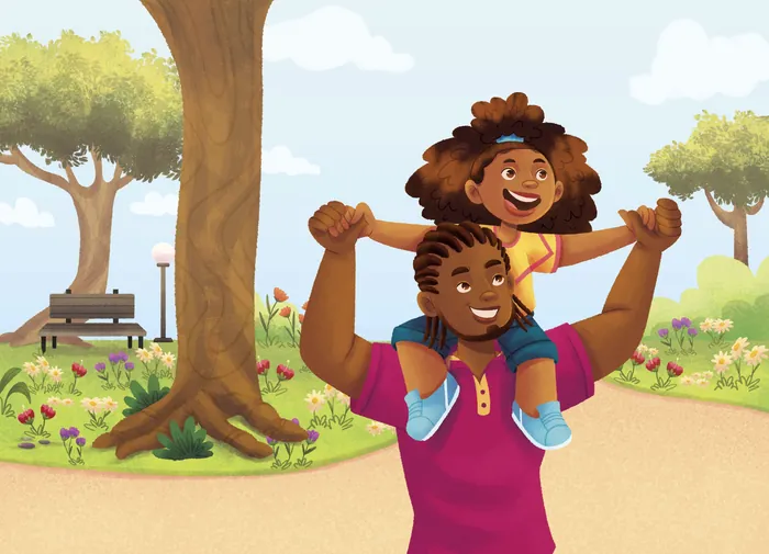 Father carrying daughter on shoulders in park with trees and flowers