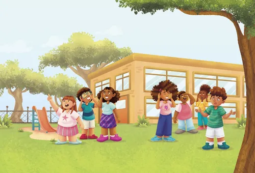 Children playing and chatting outside a school building on a sunny day