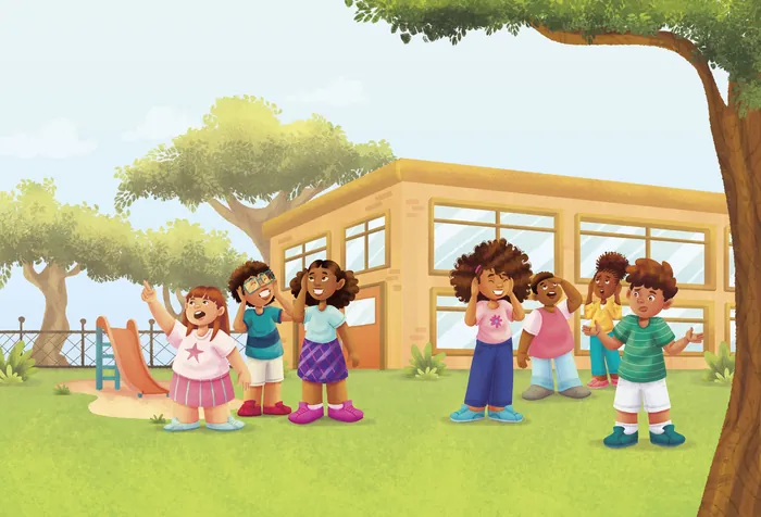 Children playing and chatting outside a school building on a sunny day