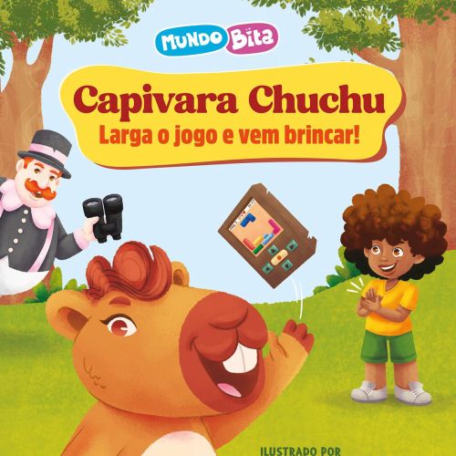 Capivara Chuchu character with a child and man in a park setting