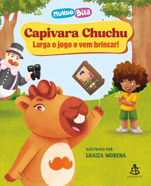 Capivara Chuchu character with a child and man in a park setting