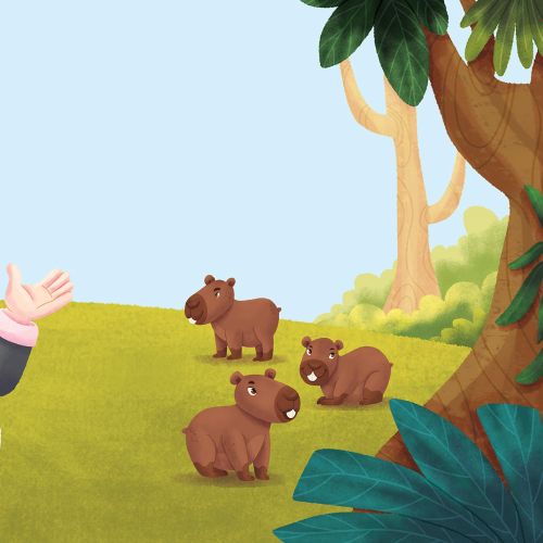 Man holding camera watching four baby capybaras in forest