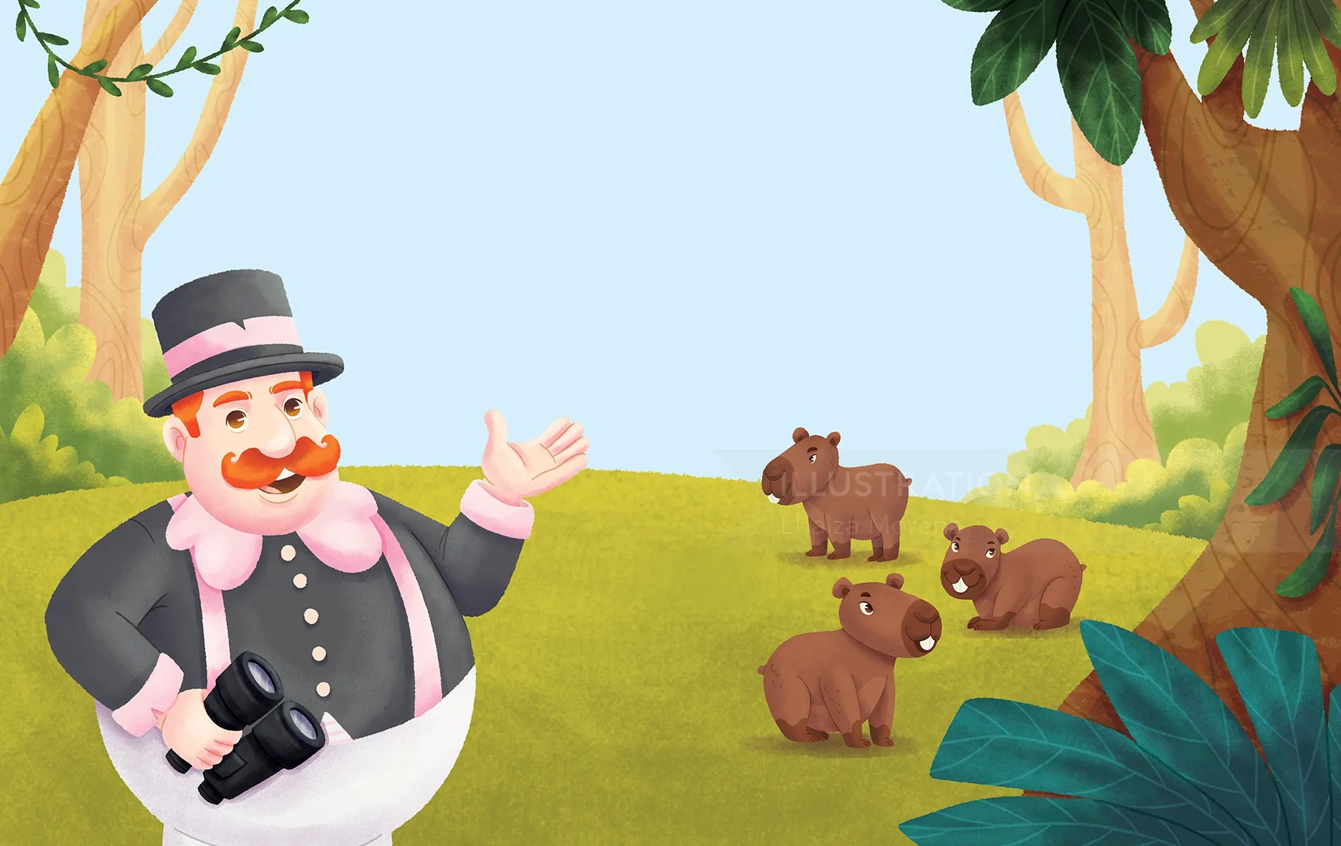 Man holding camera watching four baby capybaras in forest