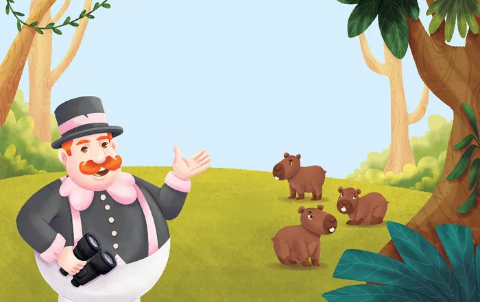 Man holding camera watching four baby capybaras in forest