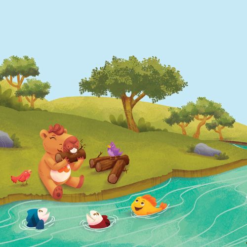 Two cartoon bears fishing by river with fish and flying birds