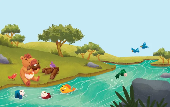Two cartoon bears fishing by river with fish and flying birds
