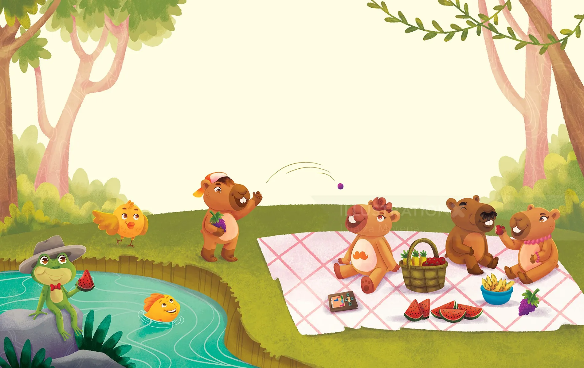 Cartoon animals having a picnic near a pond in the forest