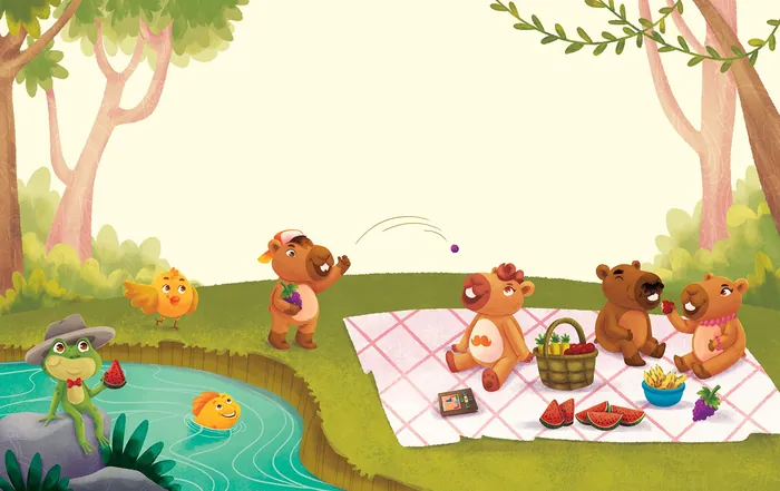 Cartoon animals having a picnic near a pond in the forest
