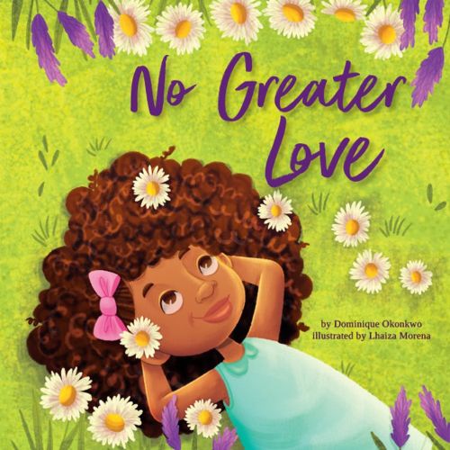 Girl with curly hair lying on grass surrounded by flowers and text No Greater Love