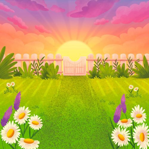 Sunrise behind white fence with green garden and colorful flowers