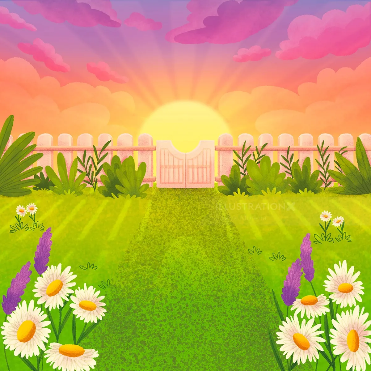 Sunrise behind white fence with green garden and colorful flowers