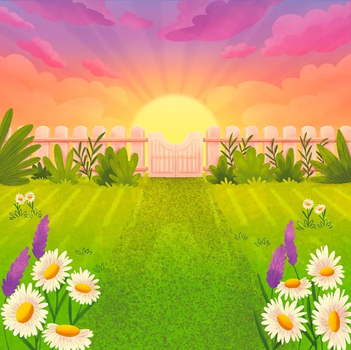 Sunrise behind white fence with green garden and colorful flowers