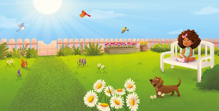 Girl on bench in sunny garden with butterflies and dog