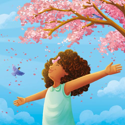 Girl with arms outstretched under cherry blossom tree and butterflies.