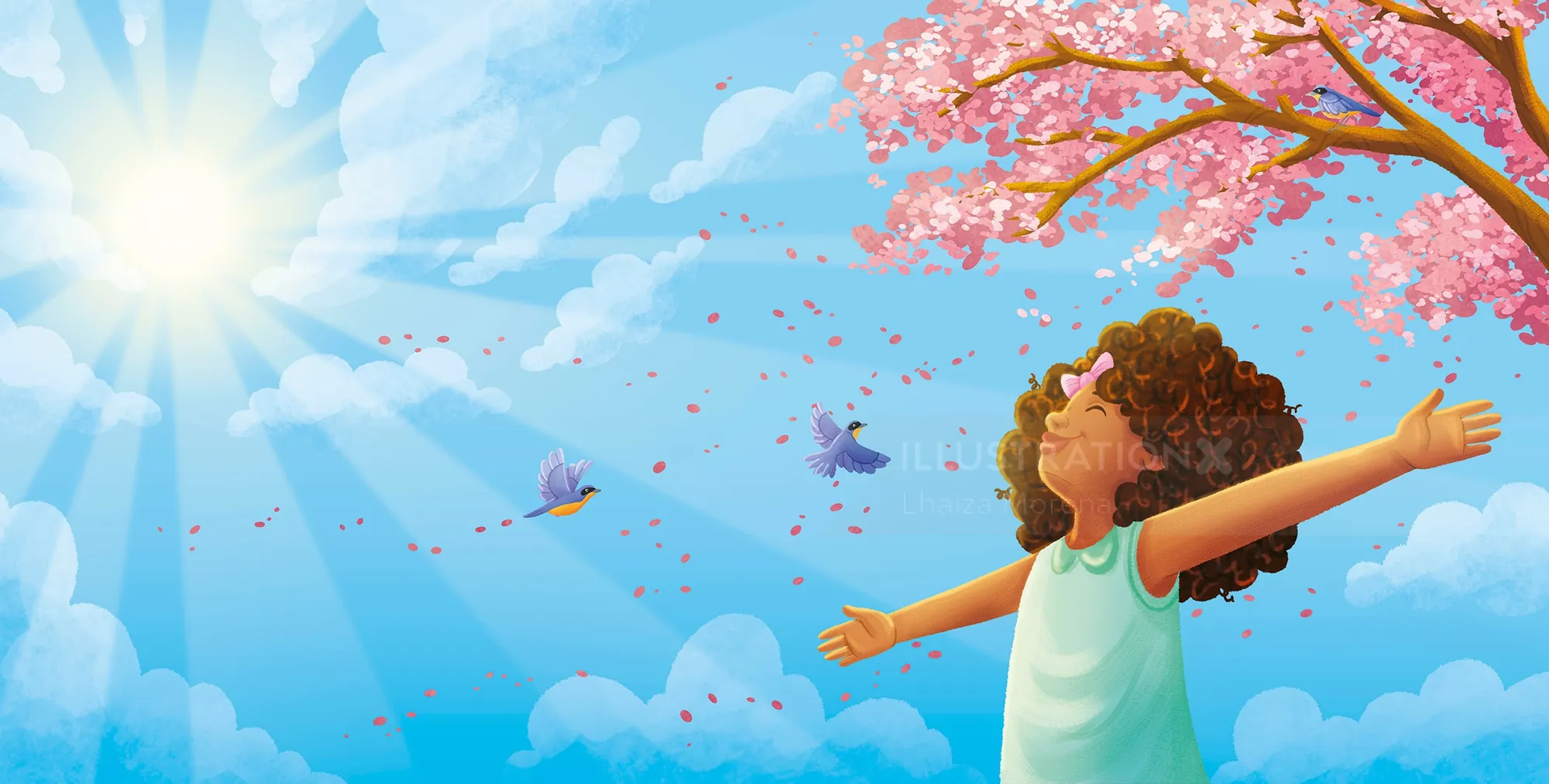 Girl with arms outstretched under cherry blossom tree and butterflies.