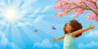 Girl with arms outstretched under cherry blossom tree and butterflies.