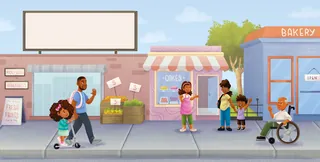 People walking and buying groceries in front of shops on city street