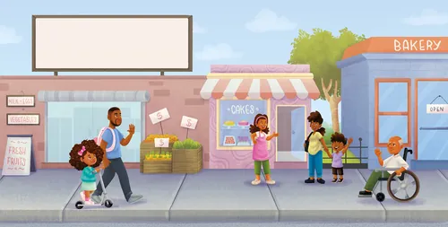 People walking and buying groceries in front of shops on city street