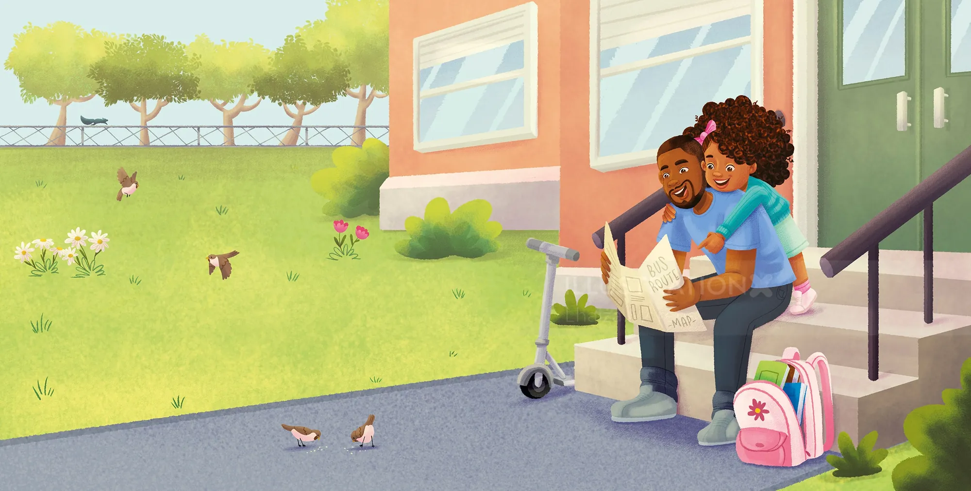 Man and girl sitting on steps reading newspaper near school building