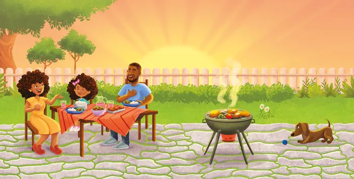 Family having barbecue in backyard on a sunny day