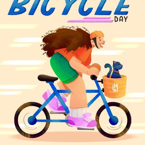 Person cycling with a cat in the front basket celebrating World Bicycle Day.