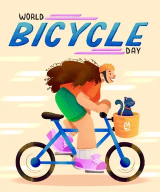 Person cycling with a cat in the front basket celebrating World Bicycle Day.
