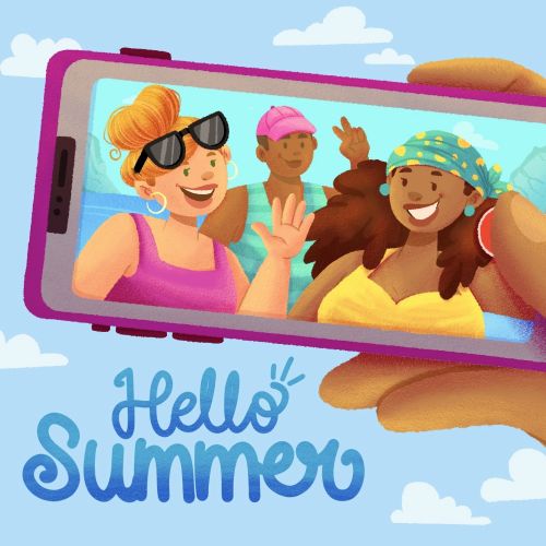 Three friends smiling and waving in a summer selfie on smartphone