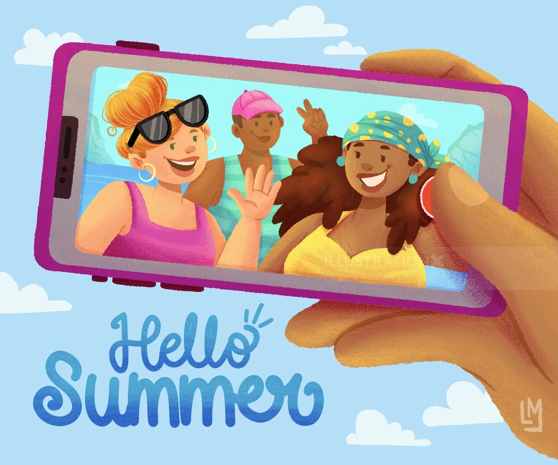 Three friends smiling and waving in a summer selfie on smartphone