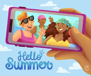 Three friends smiling and waving in a summer selfie on smartphone