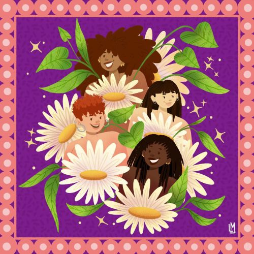 Four diverse women with large daisies and green leaves on purple background
