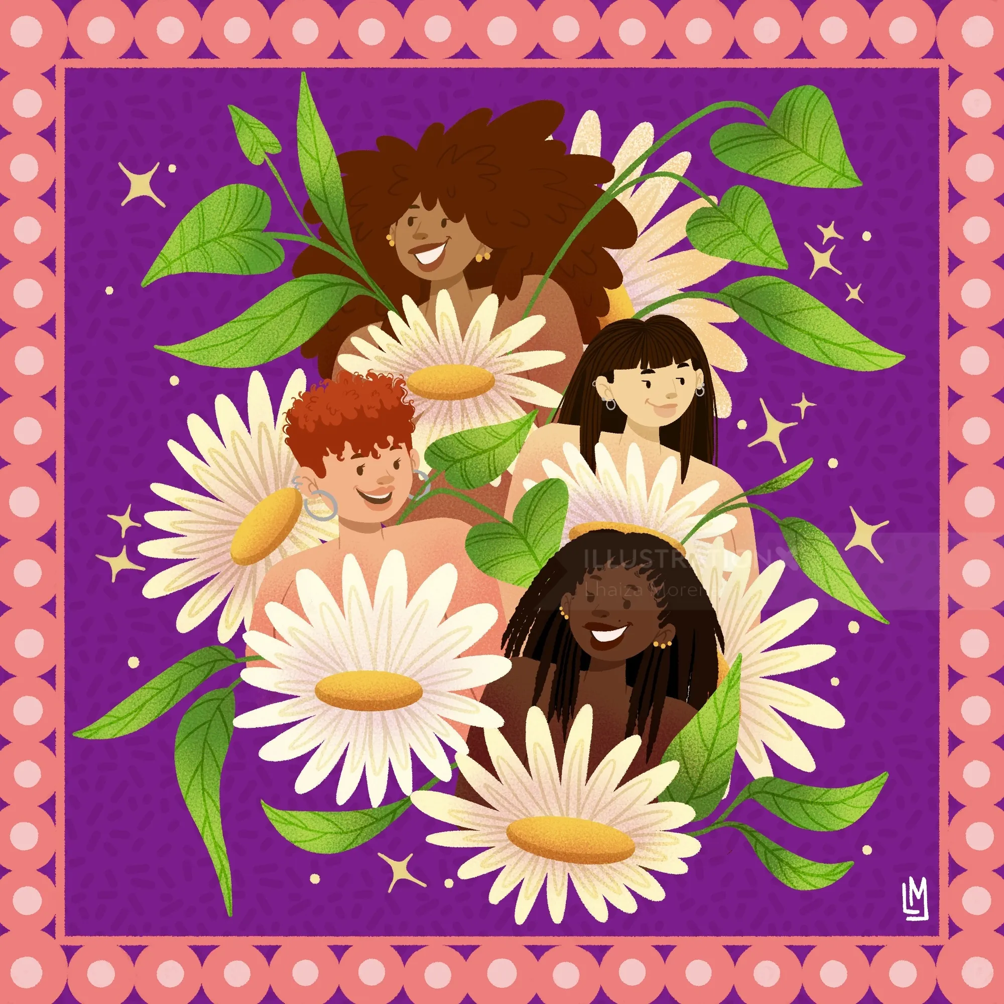 Four diverse women with large daisies and green leaves on purple background
