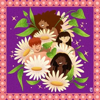 Four diverse women with large daisies and green leaves on purple background