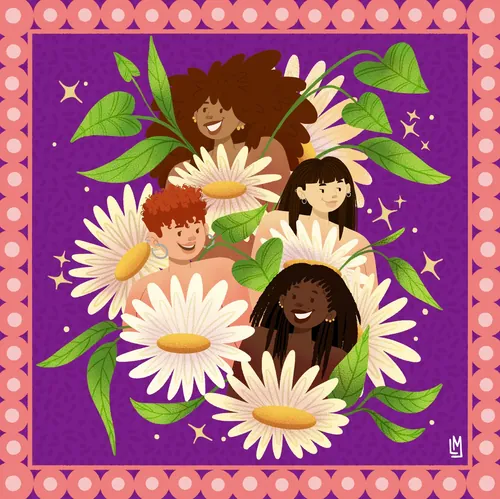 Four diverse women with large daisies and green leaves on purple background