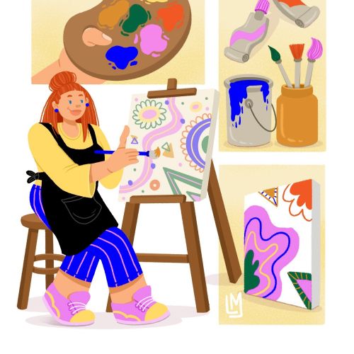 Illustration by Lhaiza Morena of a woman painting a colorful floral canvas