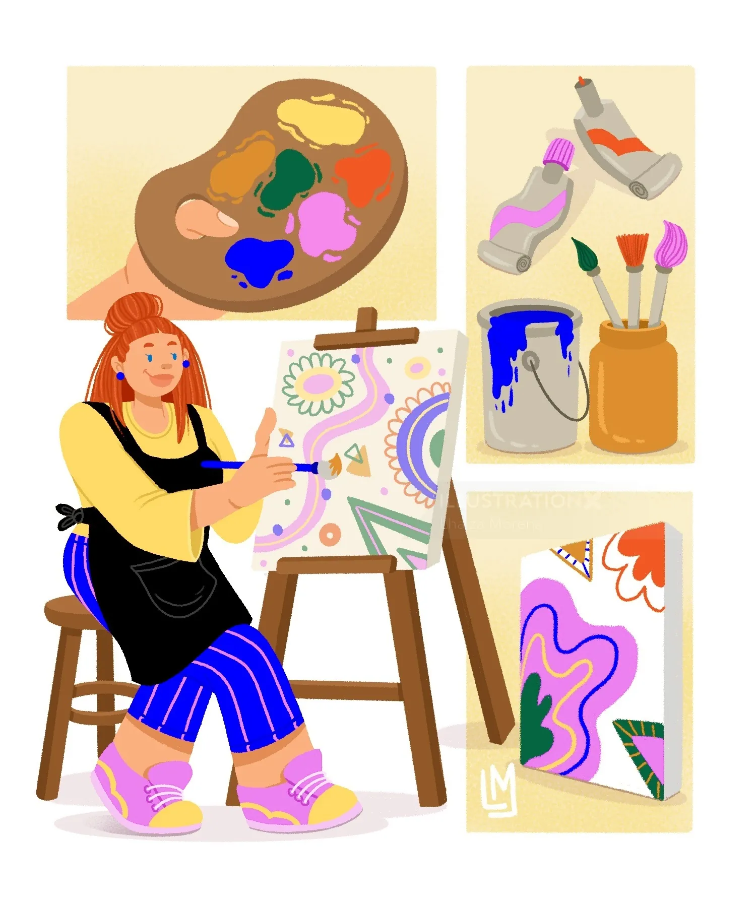 Illustration von Lhaiza Morena einer Frau, die eine farbenfrohe Blumenleinwand malt