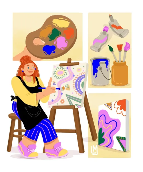 Illustration von Lhaiza Morena einer Frau, die eine farbenfrohe Blumenleinwand malt