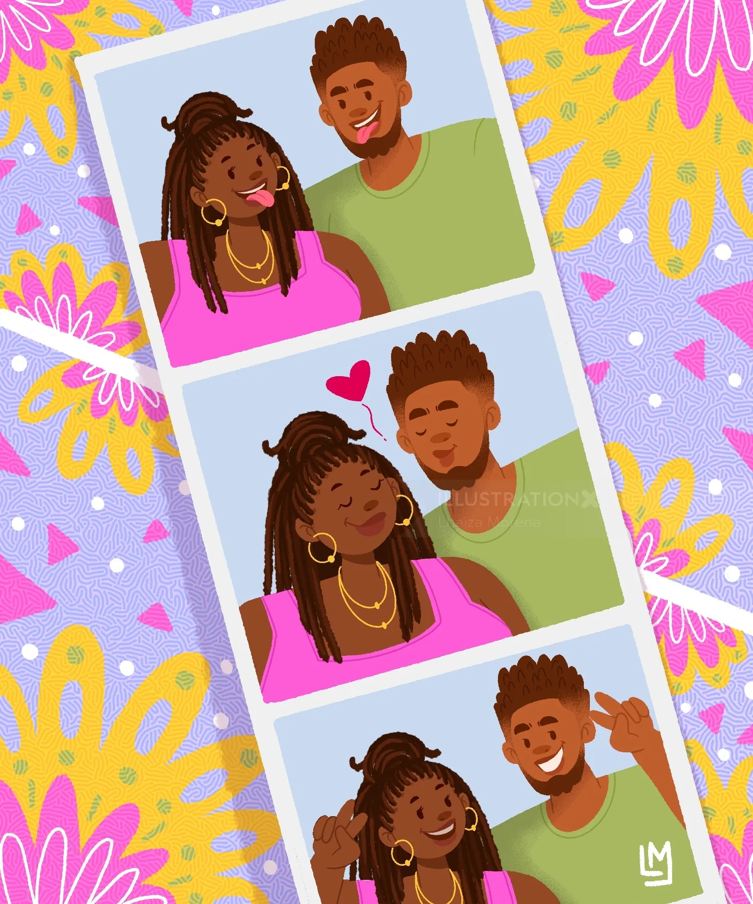 Smiling couple posing lovingly in photo booth picture strips with colorful background