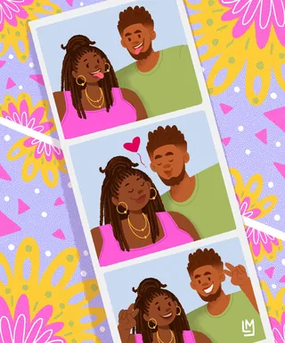 Smiling couple posing lovingly in photo booth picture strips with colorful background