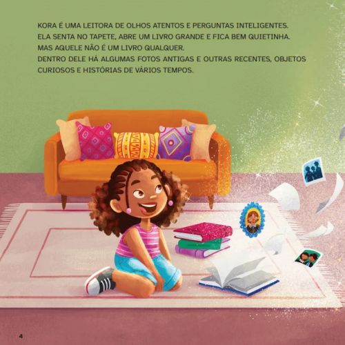 Ilustração de Lhaiza Morena mostra Kora lendo entre livros diante de um sofá colorido.