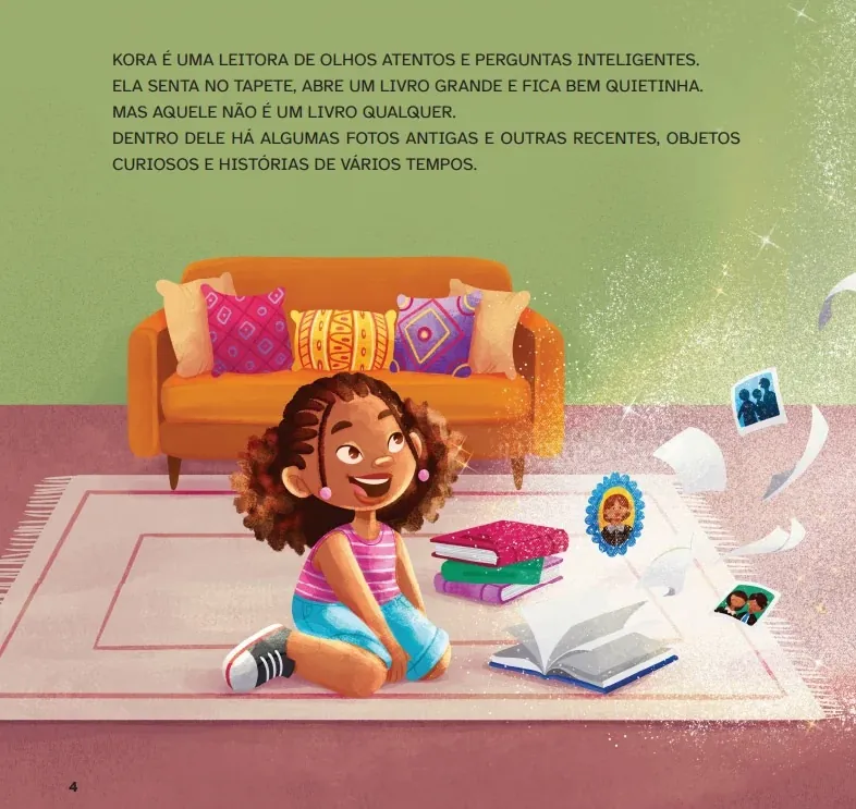 Die Illustration von Lhaiza Morena zeigt Kora in Büchern über einem farbigen Sofa.