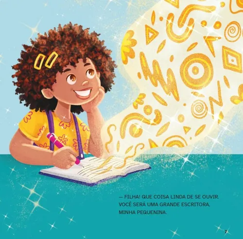 Lhaiza Morena Illustration eines lächelnden Mädchens, das in ein magisches Notizbuch schreibt