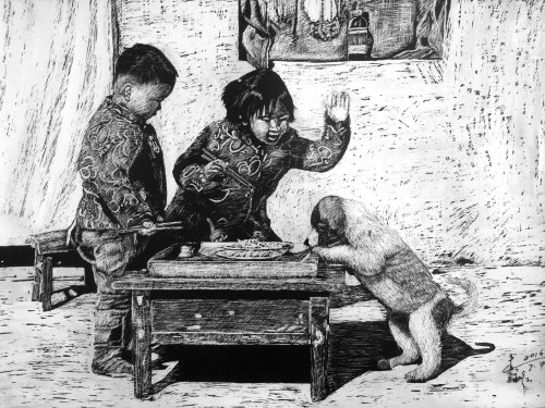Pencil art of children playing 