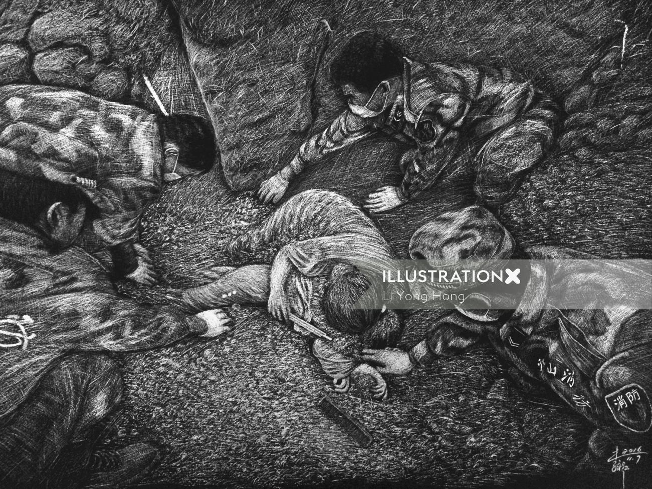 People illustration of soldiers helping