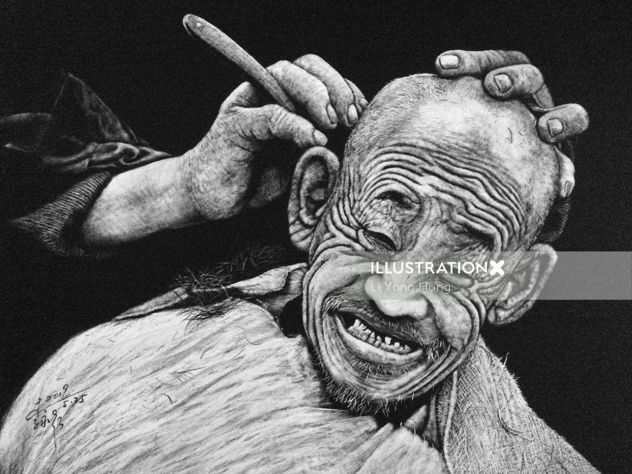 Black and white drawing of hair cutting 
