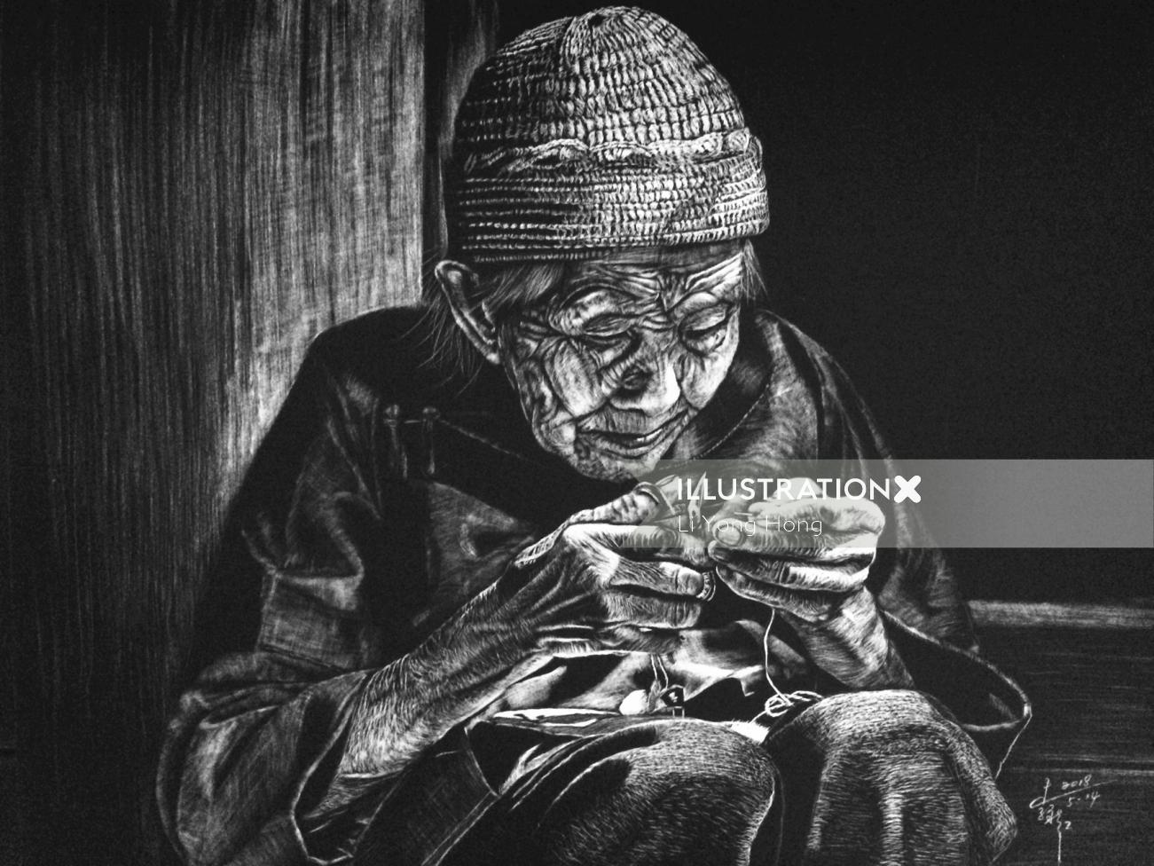 Portrait illustration of sitting old women