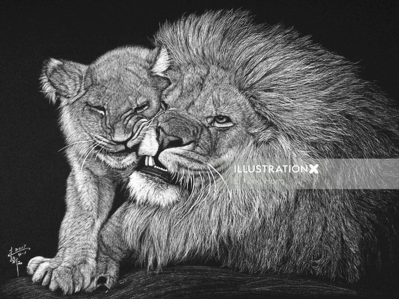 Lion Love with child nature illustration 