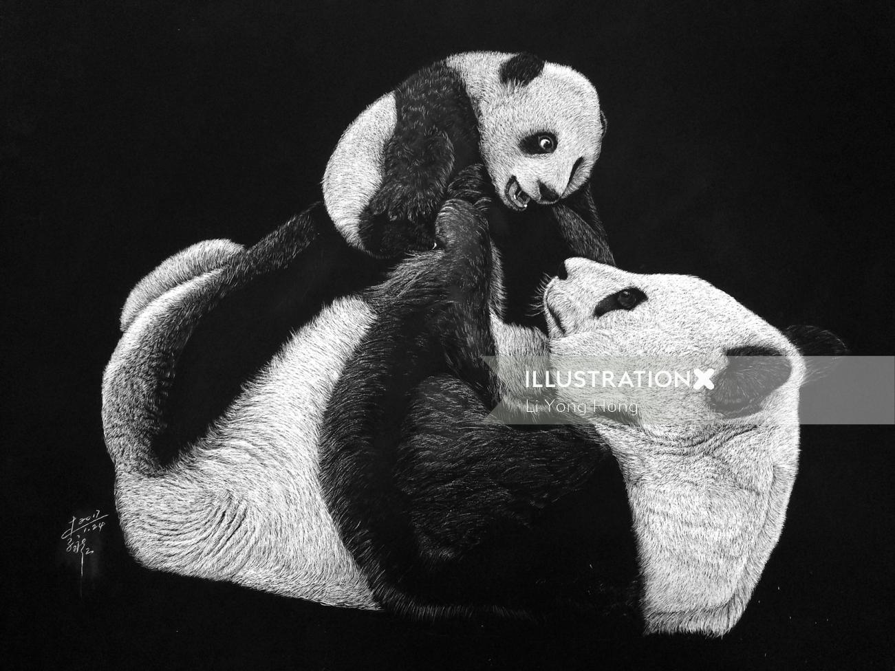 Pandas love black and white illustration 